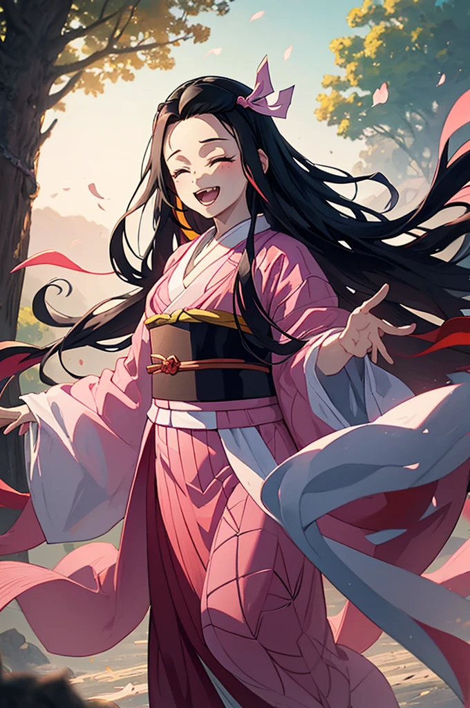 anime, hdr, soft light, ((best quality)), ((masterpiece)), (detailed), nezuko, black hair, forehead, open mouth smiling, eyes closed big fangs, very long hair, hair ribbon, japanese clothes, pink kimono, multicolored hair, pink ribbon, cleavage, standing, destruction, sparks,  