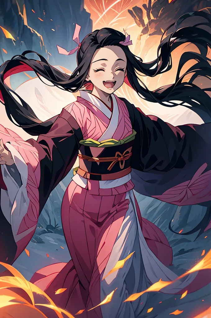 anime, hdr, soft light, ((best quality)), ((masterpiece)), (detailed), nezuko, black hair, forehead, open mouth smiling, eyes closed big fangs, very long hair, hair ribbon, japanese clothes, pink kimono, multicolored hair, pink ribbon, cleavage, standing, destruction, sparks,  