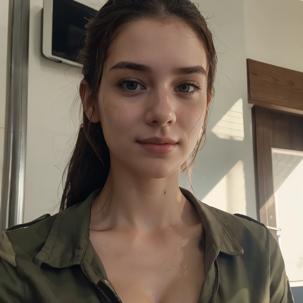 instagram photo, closeup face photo of 23 y.o Chloe in army uniform, cleavage, pale skin, (smile:0.4), hard shadows, training outfit, after shower with wet hair