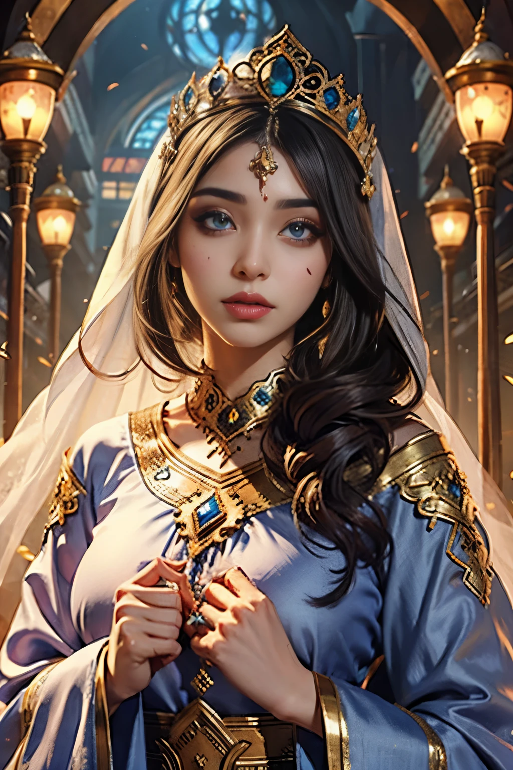 Islamic Beautiful princesse glowing eyes face portrait caftan islamic hyper realistic super detailed