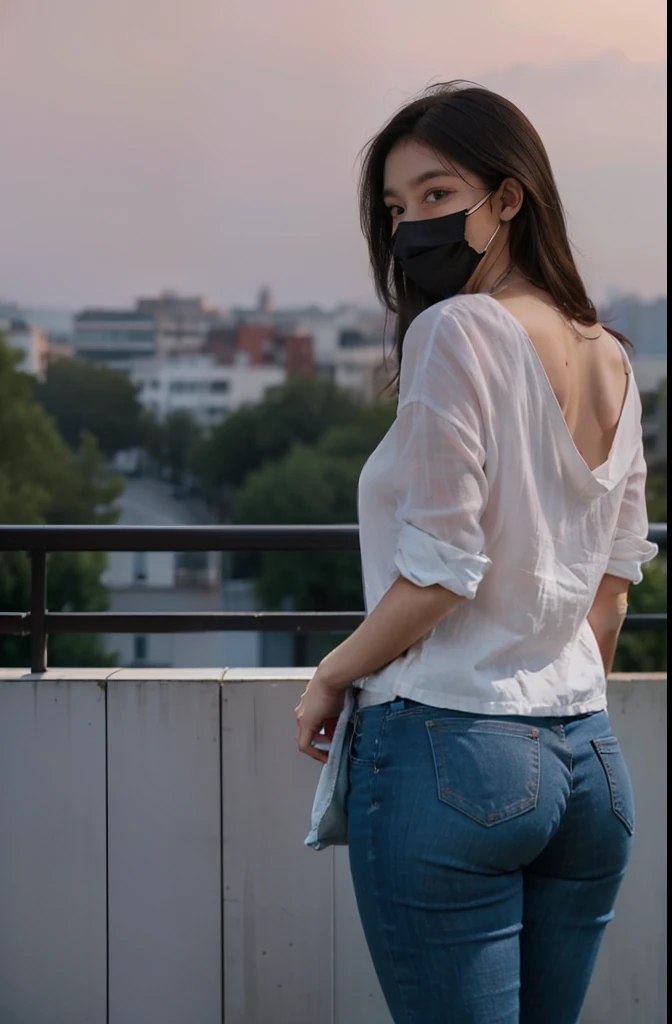 Beautiful woman in skinny jeans，cotton and linen shirts，plump ass，her back is attractive，Wearing a face mask，On the terrace at dusk，The full body photo is receding into the distance.，Stand in a corner 20 meters away from the lens