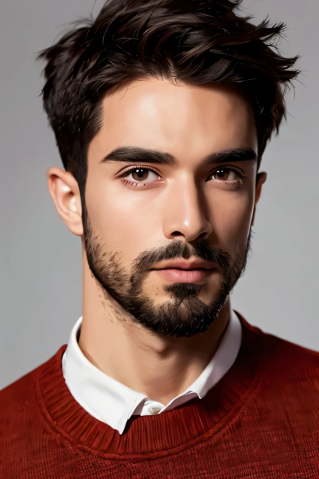 handsome male,beard,upper body portrait,orange sweater,white background,