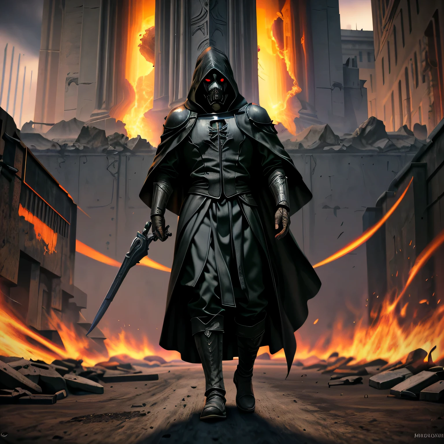 Arafed man wearing a hooded cloak and a gas mask walking in front of a building, Inquisidor de acero de Mistborn, ww 1 sith hechicero, Lord Sith. dramatic lighting, Lord of the Ash, El Padre de la Plaga, hooded cloaked Lord Sith, Caronte el barquero del Hades, como si estuviera en llamas, Hermoso dios masculino de la muerte 4k octane render