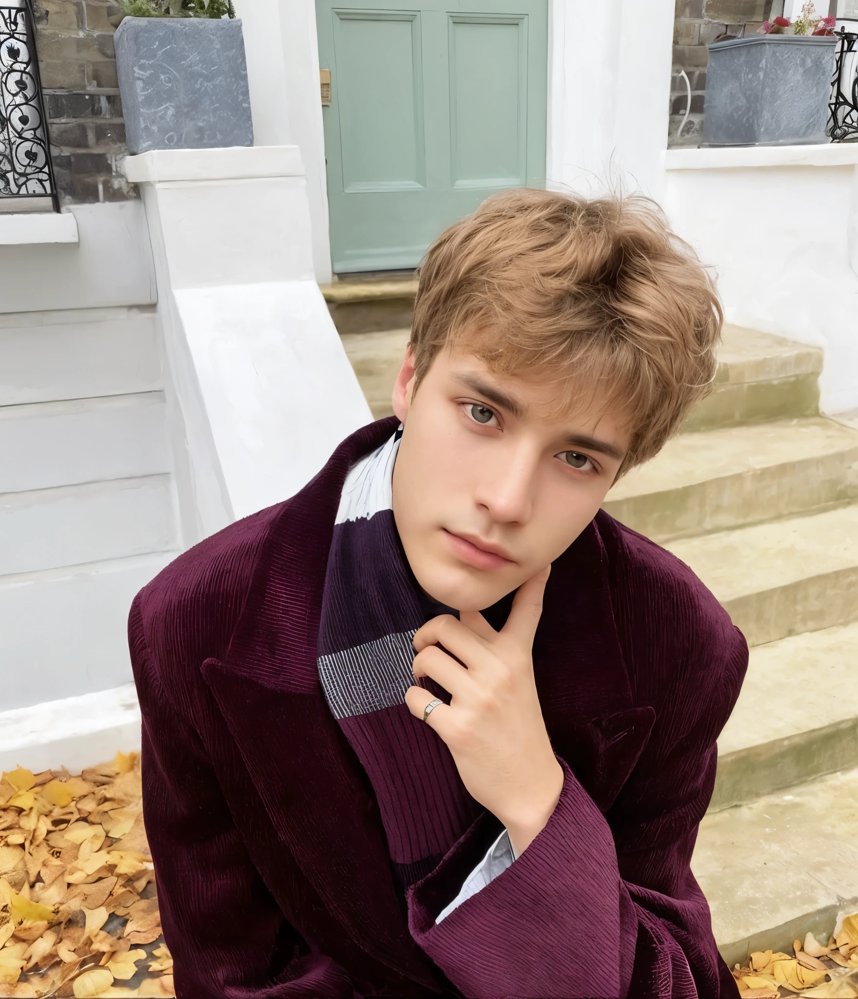 Joven arafed con abrigo morado y corbata sentado en las escaleras, beautiful androgynous prince, joel fletcher, he is wearing a brown sweater, delicate androgynous prince, inspirado por Nikolaj Abraham Abildgaard, by Sofia Beale, inspirado en David Firth, cuchilla del grupo de drenaje, Par David, inspirado en julian allen