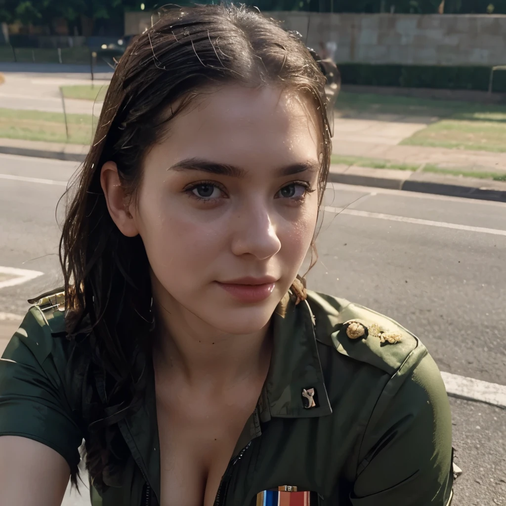 instagram photo, closeup face photo of 23 y.o Chloe in army uniform, cleavage, pale skin, (smile:0.4), hard shadows, cycling outfit, after shower with wet hair