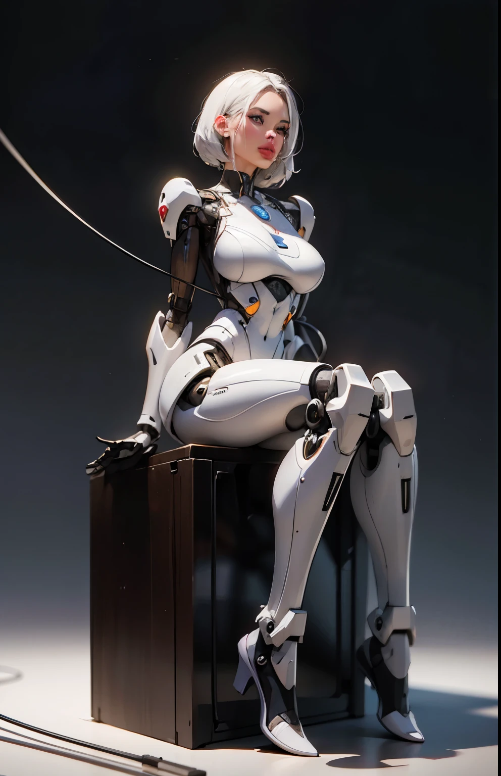 complex 3d render ultra detailed of a beautiful porcelain profile woman Aletta Ocean face, cyborg, robotic parts, 150 mm, beautiful studio soft light, rim light, metallic exoskeleton spine, vibrant details, luxurious cyberpunk, lace, hyperrealistic, anatomical, facial muscles, cable electric wires, microchip, elegant, beautiful background, octane render, H. R. Giger style, 8k, best quality, masterpiece, illustration, an extremely delicate and beautiful, extremely detailed ,CG ,unity ,wallpaper, (realistic, photo-realistic:1.37),Amazing, finely detail, masterpiece,best quality,official art, extremely detailed CG unity 8k wallpaper, absurdres, incredibly absurdres, robot, silver halmet, full body, sitting