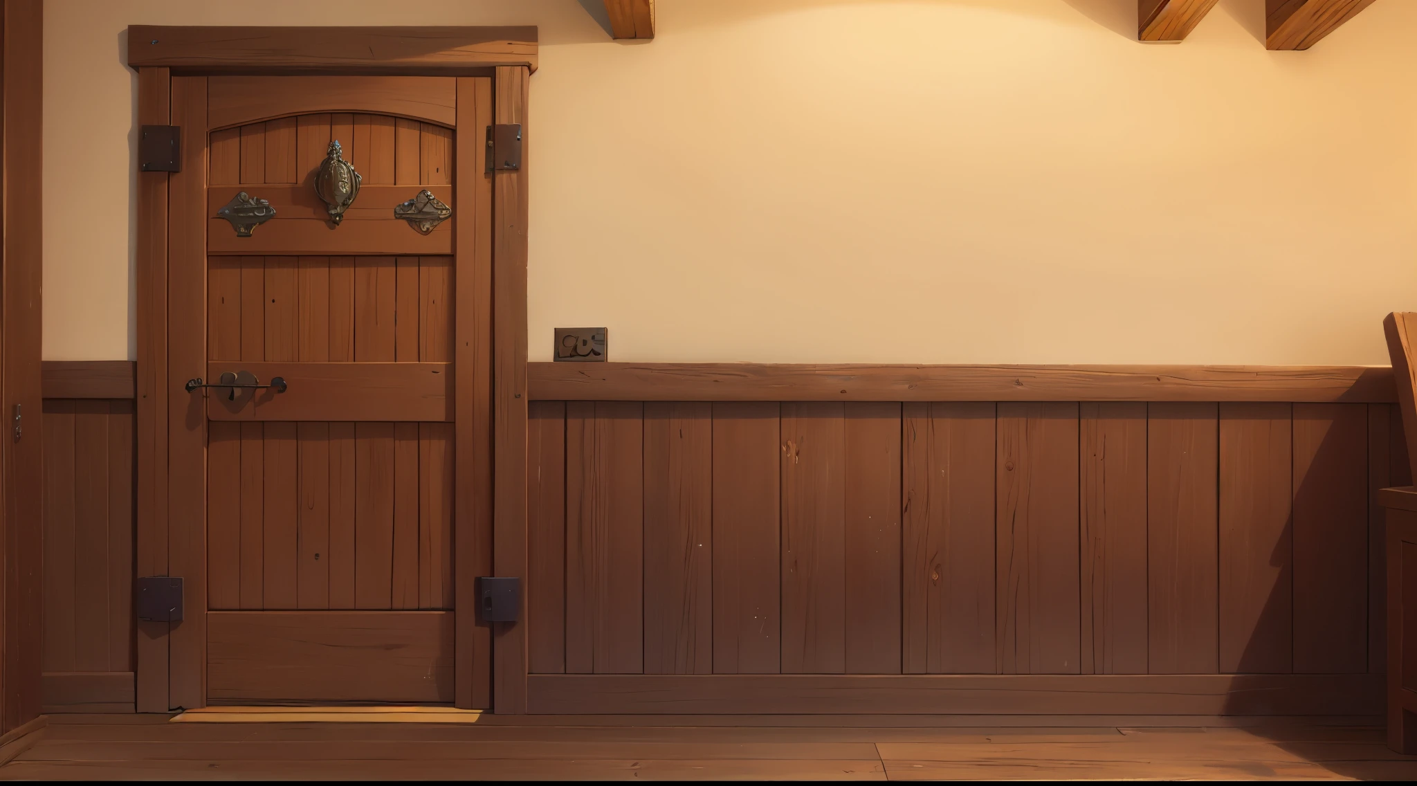 anime background, medieval wall, wooden door, wooden floor,