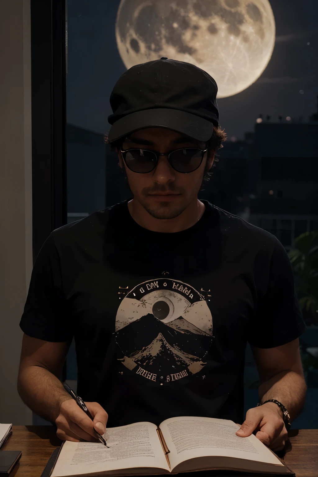 camiseta negra estampada, Hombre con gafas graduadas y gorra negra escribiendo un poema en un escritorio., on a full moon night seen from his room, imagen realista