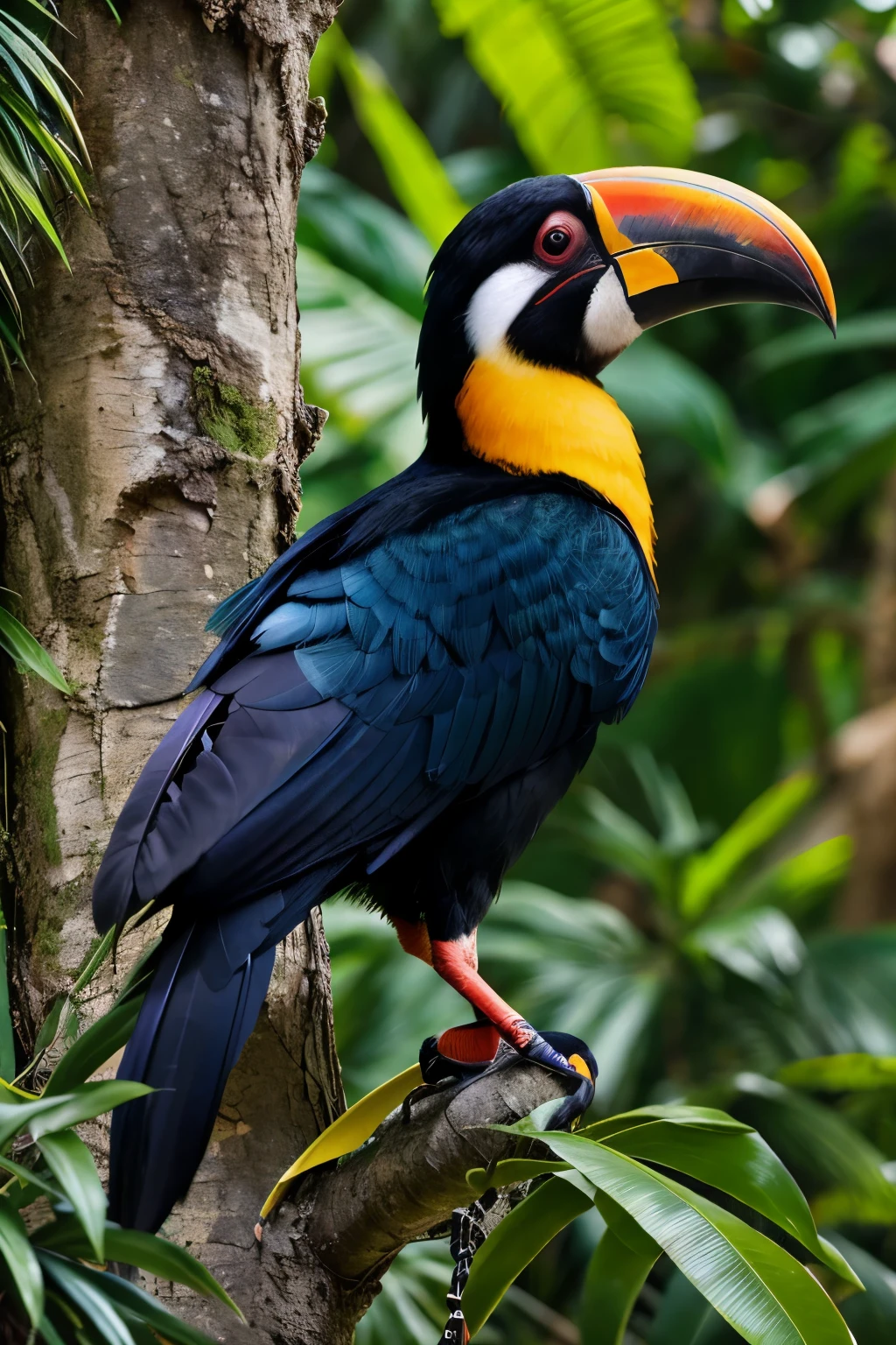 Two vibrant birds, a toucan and a hornbill, reside in a lush tropical forest.
Detailed,
High resolution,
Masterpiece,
Best quality,
Intricate details,
Highly detailed,
Mise au point nette,
Natural and colorful plumage with the toucan sporting a large, bright beak, and the hornbill boasting an impressive casque,
Realistic texture,
Aged around 5 years, showcased in their natural habitat,
Professionally captured,
4K Ultra HD,
Fascinatingly observing each other from nearby branches,
Charming interaction between the two,