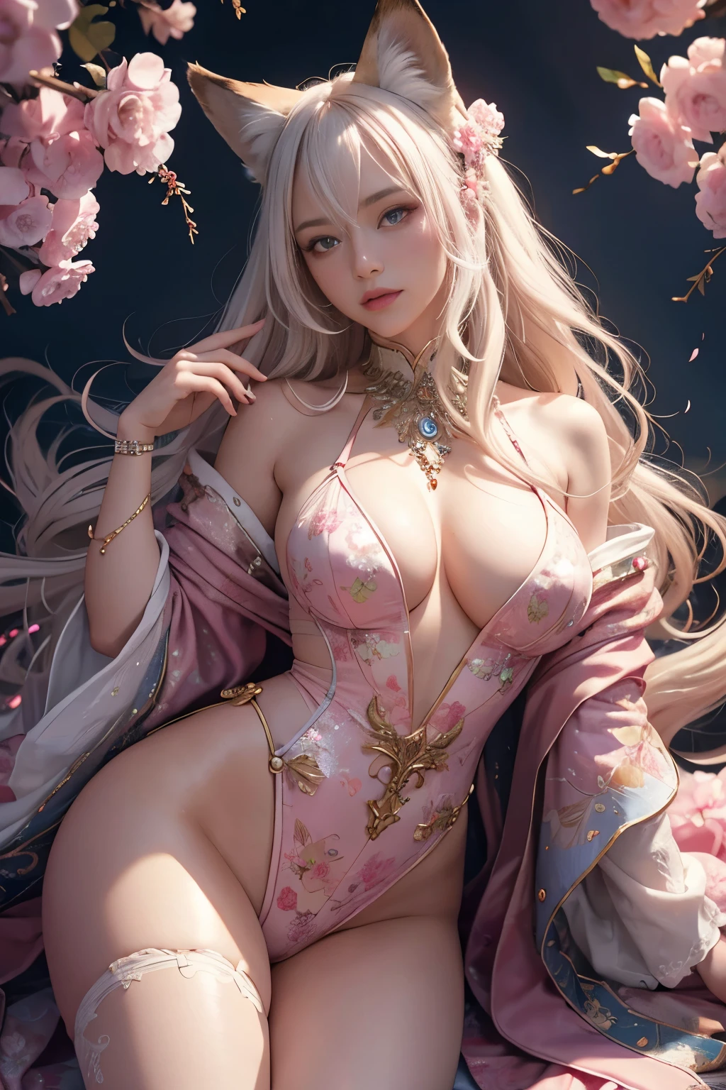 Kyoto Animation stylized anime ~ A Gorgeous flowing white hair, fox ears, stylish, pink eyes, fiery flowers background, beautiful, goddess, fantasy world. Cinematic Lighting, ethereal light, intricate details, extremely detailed, incredible details, full colored, complex details, insanely detailed and intricate, hypermaximalist, extremely detailed with rich colors. masterpiece, best quality, aerial view, HDR, UHD, unreal engine. plump looking at the camera, smooth thighs, (glittery jewelry) ((acrylic illustration, by artgerm, by kawacy, by John Singer Sargenti) dark Fantasy background, glittery jewelry, Representative, fair skin, beautiful face, Rich in details High quality, gorgeous, glamorous, 8k, super detail, gorgeous light and shadow, detailed decoration, detailed lines