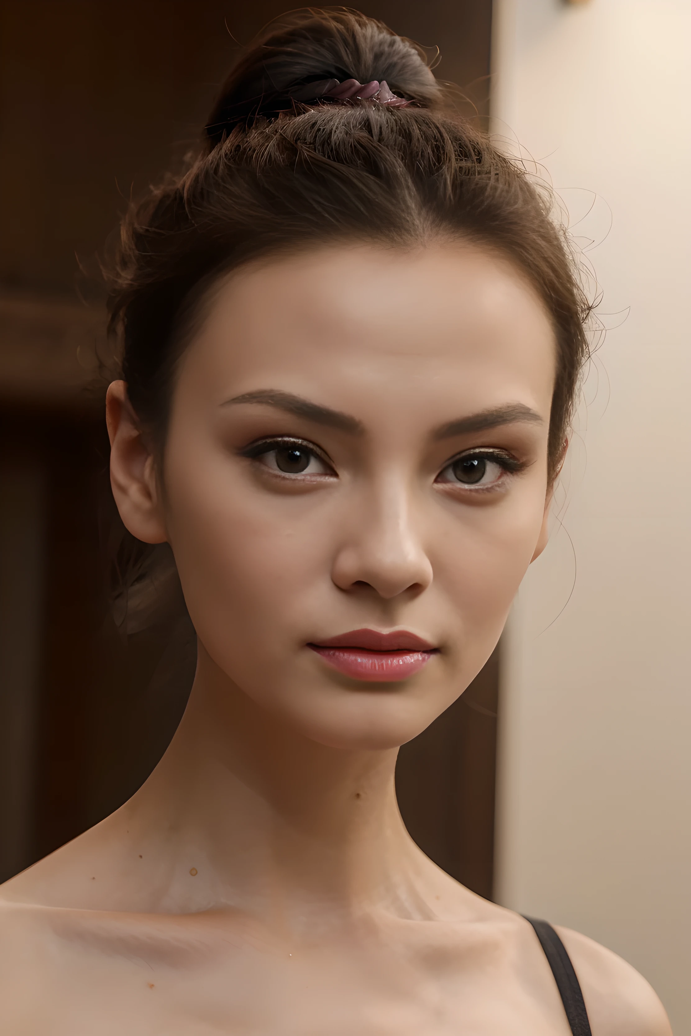 8K, Chinese, looks like Linda Evangelista, hair in a bun, high forehead, looks straight at us, narrow very small eyes, Small nose, Very thin face, sharp cheekbones, plump lips, Bow shaped lips, thin neck, Realistic quality