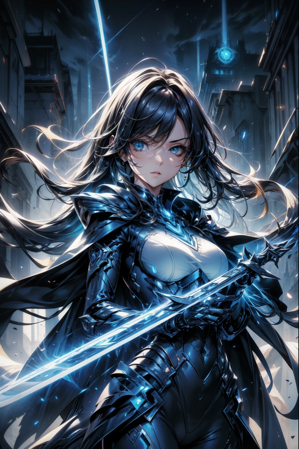 Waist up (perspective angle from bottom to top) super heroine hot girl (masterpiece), best quality, expressive eyes, perfect face, art in fantasy mythic action effect, sharp focus, wearing super detailed suit with mechanicles part & hero cape, cybersamurai, glowing, holding sword