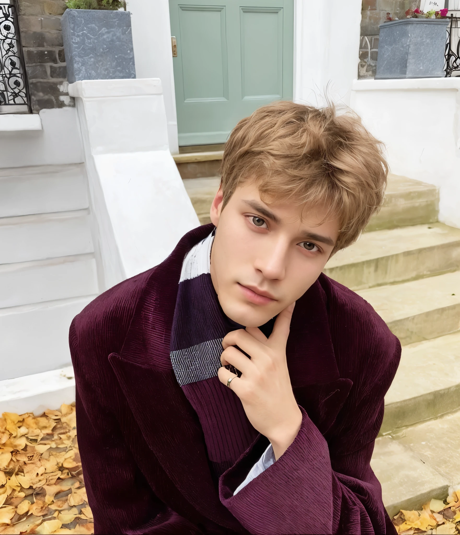 Joven arafed con abrigo morado y corbata sentado en las escaleras, beautiful androgynous prince, joel fletcher, he is wearing a brown sweater, delicate androgynous prince, inspirado por Nikolaj Abraham Abildgaard, by Sofia Beale, inspirado en David Firth, cuchilla del grupo de drenaje, Par David, inspirado en julian allen