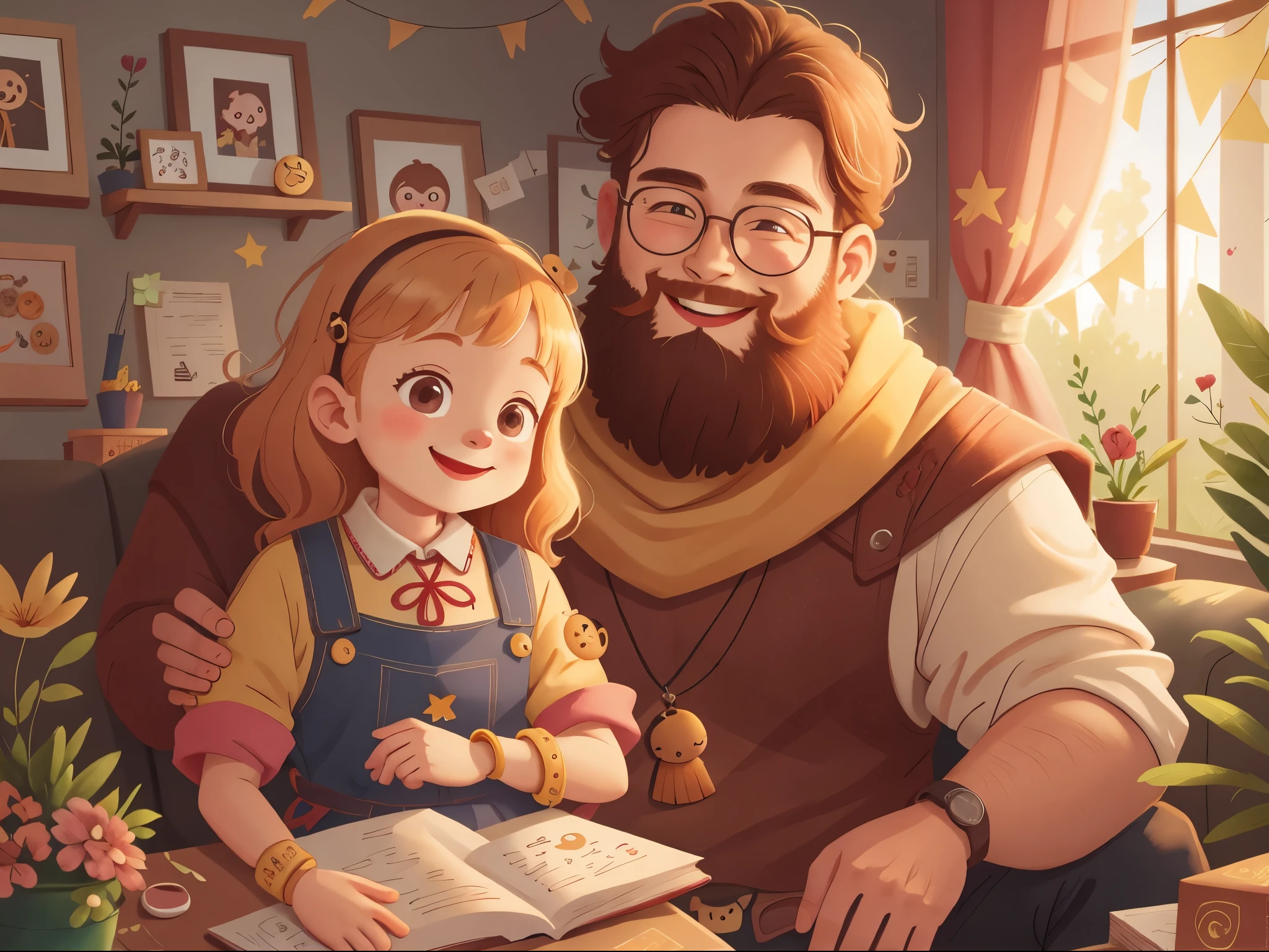 [[[Super detailed, best quality, beautiful, 4K, detailed faces, medieval story]]], (((smiley face))), blond bearded father holding his daughter while sitting on the sofa, cozy home, joy, Happy, happy, blond, happy family, colorful children's book illustration