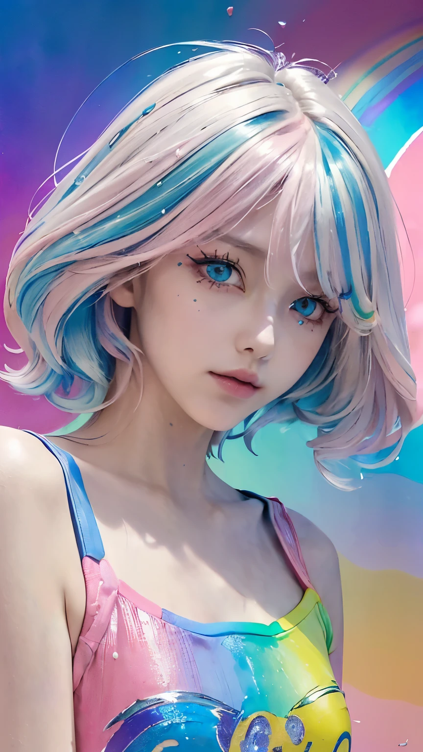 (Pink fashion T-shirt:1.9),(colored hair:1.8),(All colors of the rainbow:1.8),(((vertical画:1.6)),(:1.6),front,comics,illustration,,big eyes,crystal clear eyes,huge ,(Rainbow colored semi-long hair:1.7),exquisite cosmetics,Shut your mouth,(Small fresh:1.5),(Wipe your chest:1.6),long eyelashes,White shoulder T-shirt。,White shoulder sleeve shirt,looking at the audience,blue eyes,(rainbow colour hair:1.6),color splotches,(solo:1.8),color splotches,color splotches,color explosion,Thick lacquer style,Messy lines,((Shiny),(color),(color),(color),(color),color,Thick lacquer style,(color splotches),(color)splash,vertical,Upper body,Paintworksplash,acrylic paint,gradient,Paintwork,Highest image quality,highest quality,masterpiece,solo,depth of field,Topcoat,Colorful clothes,(grace:1.2),gorgeous,lwind, (Elegant: 1.3), (Petals: 1.4),(((masterpiece))),(((best quality))),((ultra-detailed)),(illustration),(dynamic angle),((floating)),(paint),((disheveled hair)),(solo),(1girl) , (((detailed anima face))),((beautiful detailed face)),collar,bare shoulders,blue hair, ((colorful hair)),((streaked hair)),beautiful detailed eyes,(Gradient color eyes),(((colorful eyes))),(((colorful background))),(((high saturation))),(((surrounded by colorful splashes))),(((colorful background))),(((high saturation))),(((surrounded by colorful splashes))),(((colorful background))),(((high saturation))),(((surrounded by colorful splashes))),