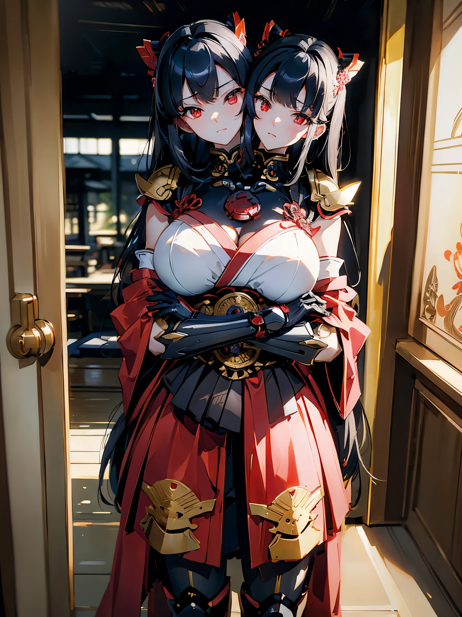 (masterpiece, best quality), best resolution, (2heads:1.5), 1girl, mecha musume, mechanical parts, samurai armor, full armor, black hair, red eyes, arms crossed, japanese castle doorway, close-up