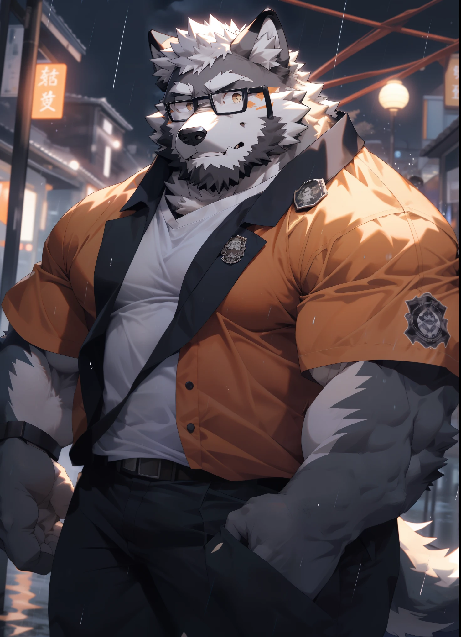 hairy,(Wolf,Black-rimmed glasses,Orange firefighter costume),beard,white fur,male,Common,full-body shot, dynamic poses,smirk,rainy day,night,dark night,Detailed background,极其lifelike阴影,masterpiece,Very detailed,lifelike