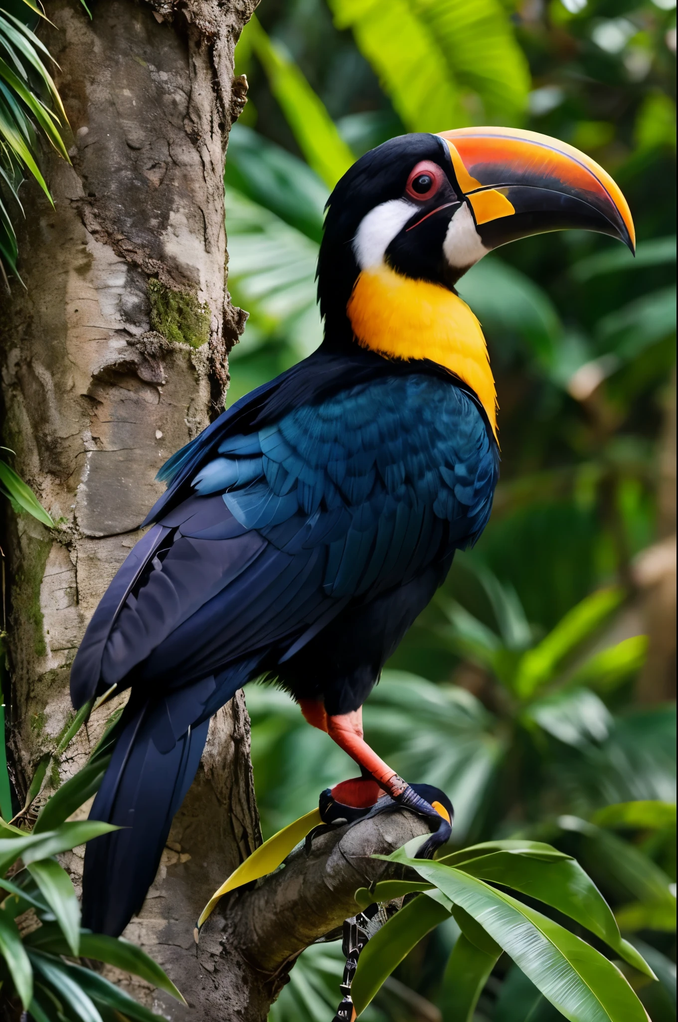 Two vibrant birds, a toucan and a hornbill, reside in a lush tropical forest.
Detailed,
High resolution,
Masterpiece,
Best quality,
Intricate details,
Highly detailed,
Mise au point nette,
Natural and colorful plumage with the toucan sporting a large, bright beak, and the hornbill boasting an impressive casque,
Realistic texture,
Aged around 5 years, showcased in their natural habitat,
Professionally captured,
4K Ultra HD,
Fascinatingly observing each other from nearby branches,
Charming interaction between the two,