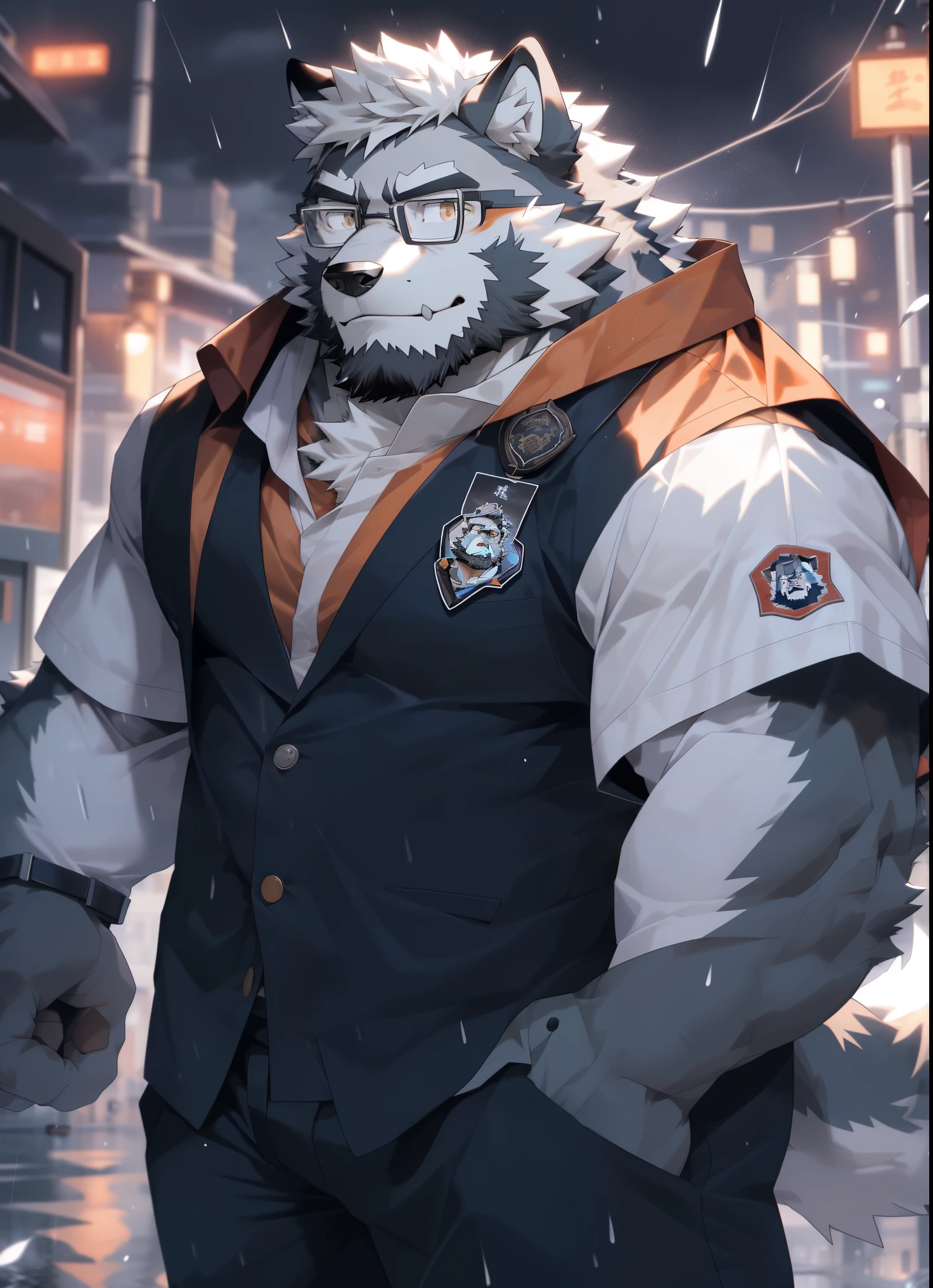 hairy，（Wolf，Black-rimmed glasses，Orange firefighter costume），beard，white fur，male，Common，full-body shot， dynamic poses，smirk，rainy day，night，dark night，Detailed background，极其lifelike阴影，masterpiece，Very detailed，lifelike