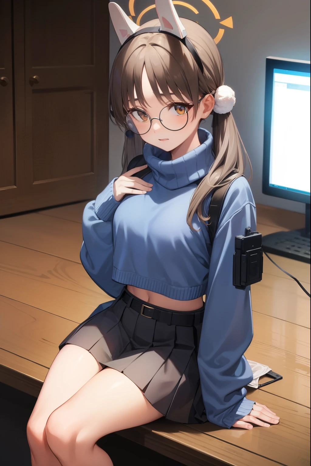 moekazekura, moe kazekura, animal ears, (brown eyes:1.5), brown hair, fake animal ears, glasses, hair bobbles, hair ornament, halo, long hair, rabbit ears, round eyewear, twintails,
BREAK belt, black pantyhose, blue skirt, blue sweater, glasses, long sleeves, midriff, miniskirt, pantyhose, pleated skirt, ribbed sweater, skirt, sleeves past wrists, sweater, turtleneck, turtleneck sweater,
BREAK looking at viewer, full body,
BREAK indoors,
BREAK (masterpiece:1.2), best quality, high resolution, unity 8k wallpaper, (illustration:0.8), (beautiful detailed eyes:1.6), extremely detailed face, perfect lighting, extremely detailed CG, (perfect hands, perfect anatomy),