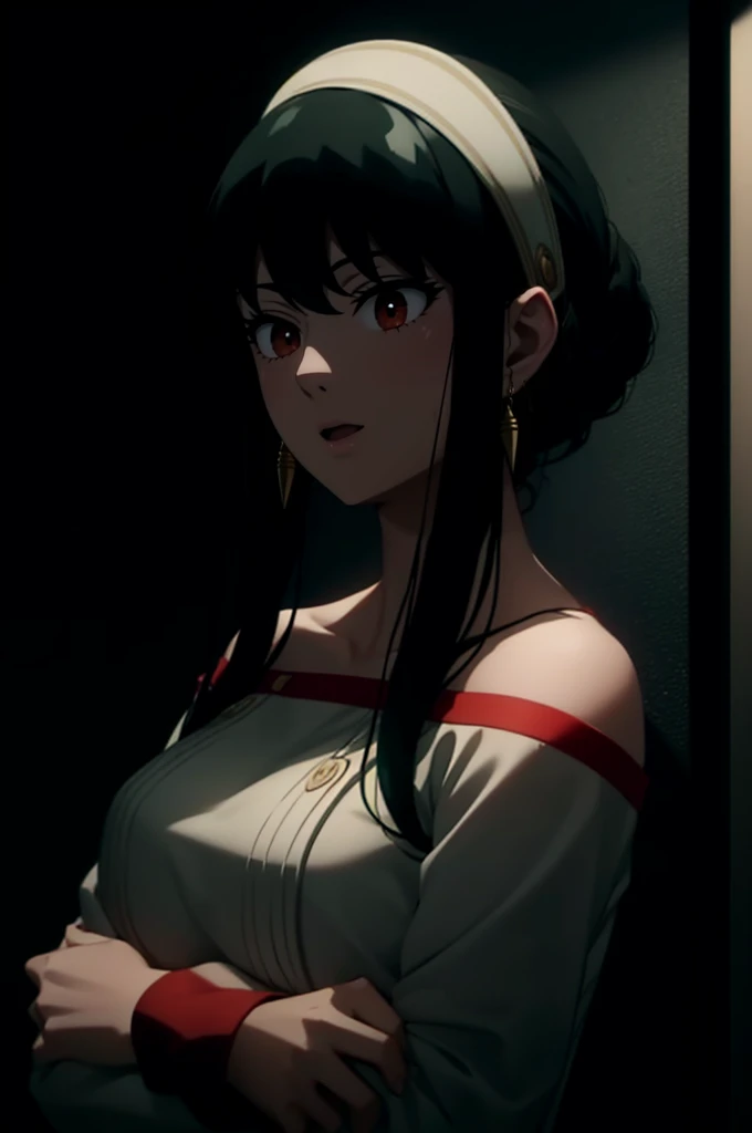 hight resolution、masterpiece、1girl in、Bjorf、A dark-haired、short hair with long locks、white hairband、Look up、Kamimei、bending forward、Opening Mouth、Show your teeth and smile、Bring your face closer、Red Eyes、Gold Earrings、Jewelry、off shoulders、Red Sweater、long-sleeve