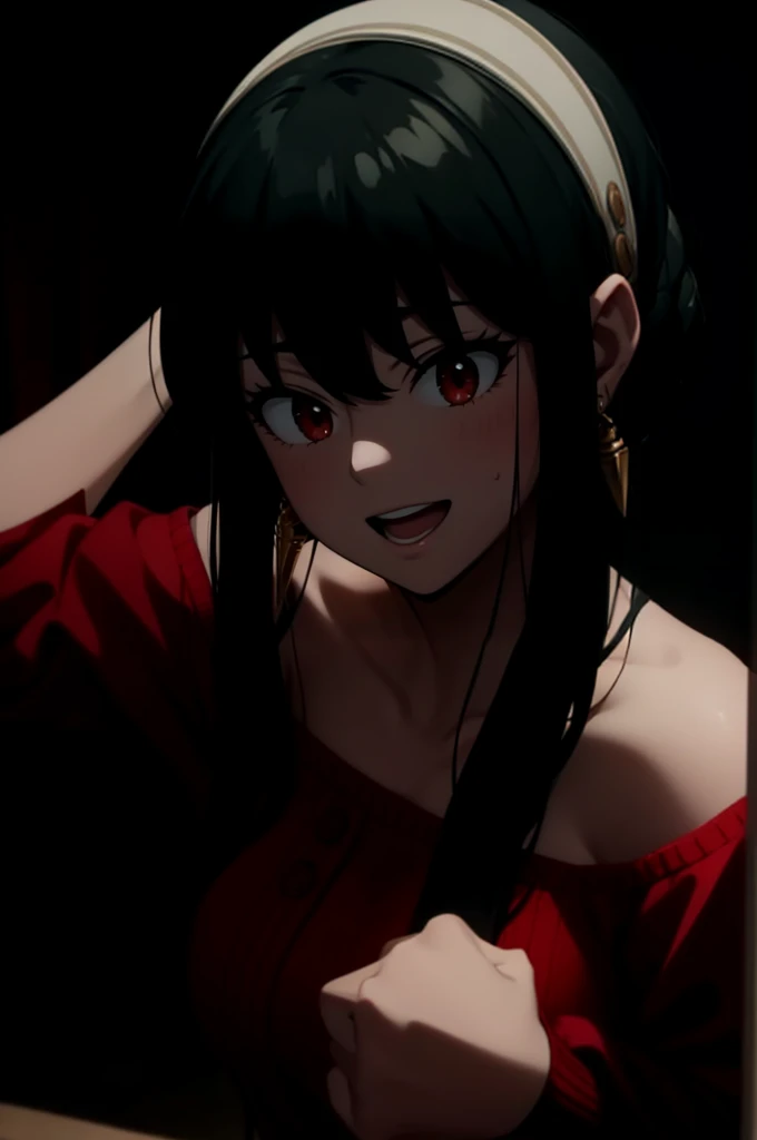hight resolution、​masterpiece、1girl in、Bjorf、A dark-haired、short hair with long locks、white hairband、Look up、Kamimei、bending forward、Opening Mouth、Show your teeth and smile、Bring your face closer、Red Eyes、Gold Earrings、Jewelry、off shoulders、Red Sweater、long-sleeve