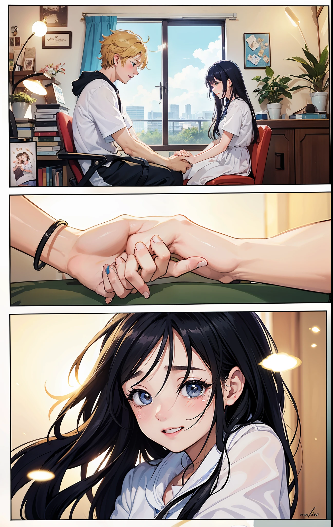 Lovers holding hands，The girl cried with joy， 1 page of comic, Love story, on the table, Super details, best quality