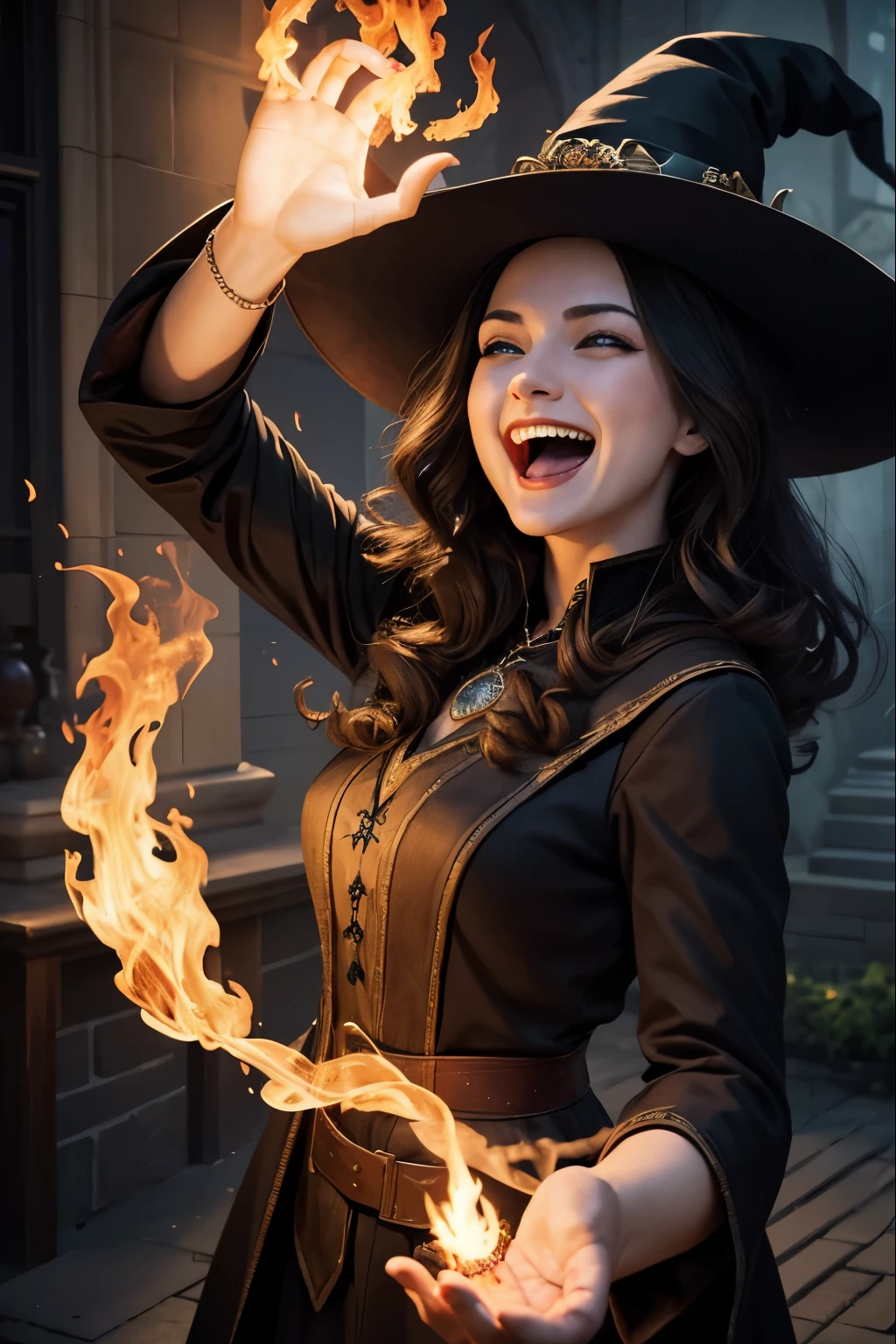 masterpiece, best quality, hyper realistic:1.4, extremely detailed, a beautiful 30s witch, releasing fire magic from right hand:2.0, perfect hands, perfect fingers:1.5, laughing, open eyes, open mouth
