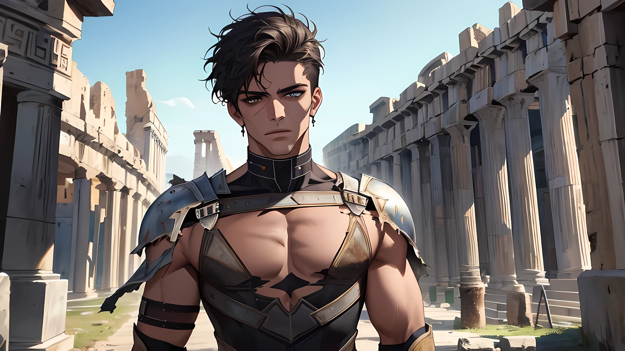 create a Gladiator), Greek God style, torn clothes,  dark short hair, (high quality and realistic image), coloseum background, cinematic style, ((Best quality, 8k, Masterpiece), slaves, criminal