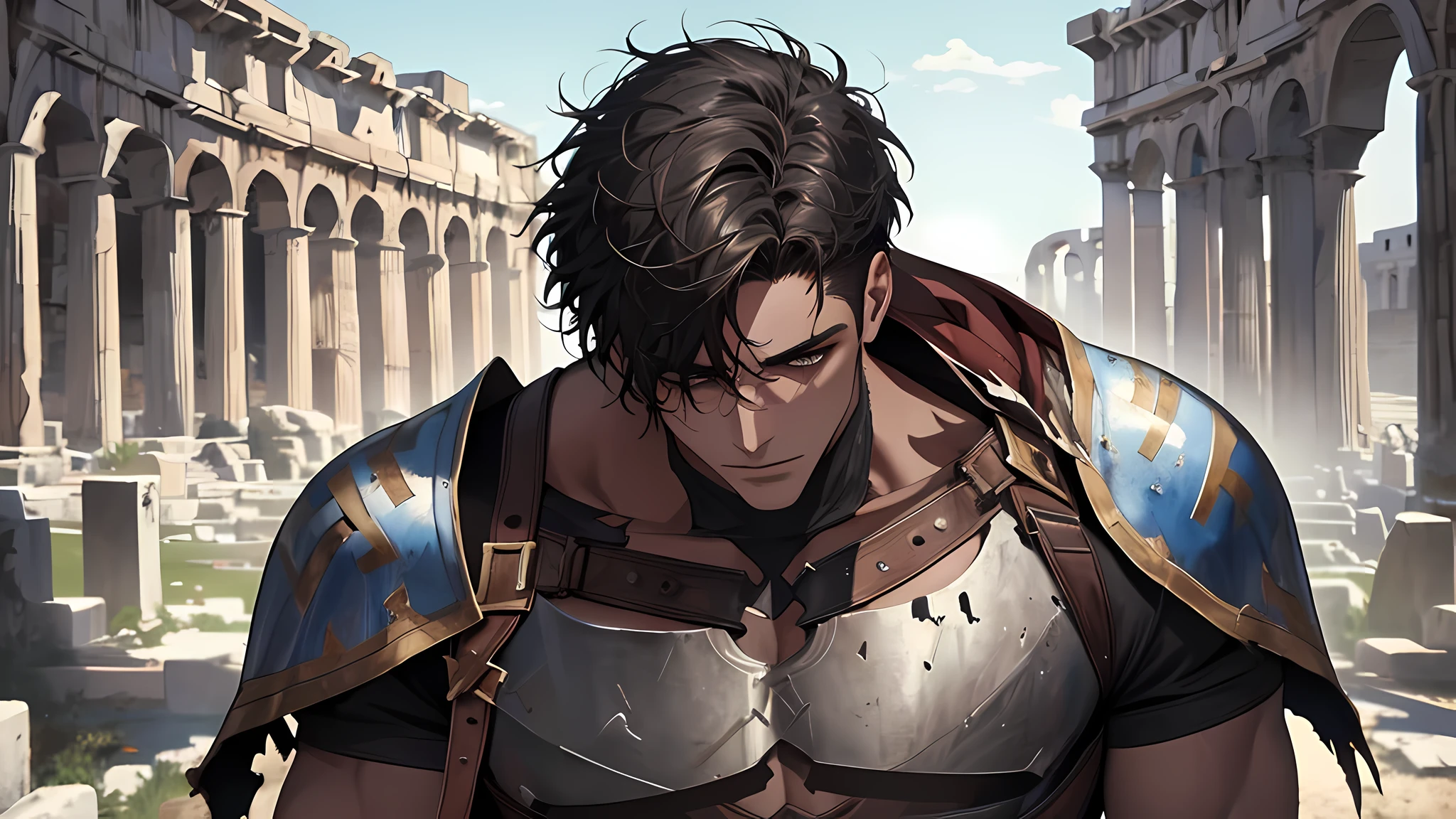 create a Gladiator), Greek God style, torn clothes, dark short hair, (high quality and realistic image), coloseum background, cinematic style, ((Best quality, 8k, Masterpiece), slaves, criminal