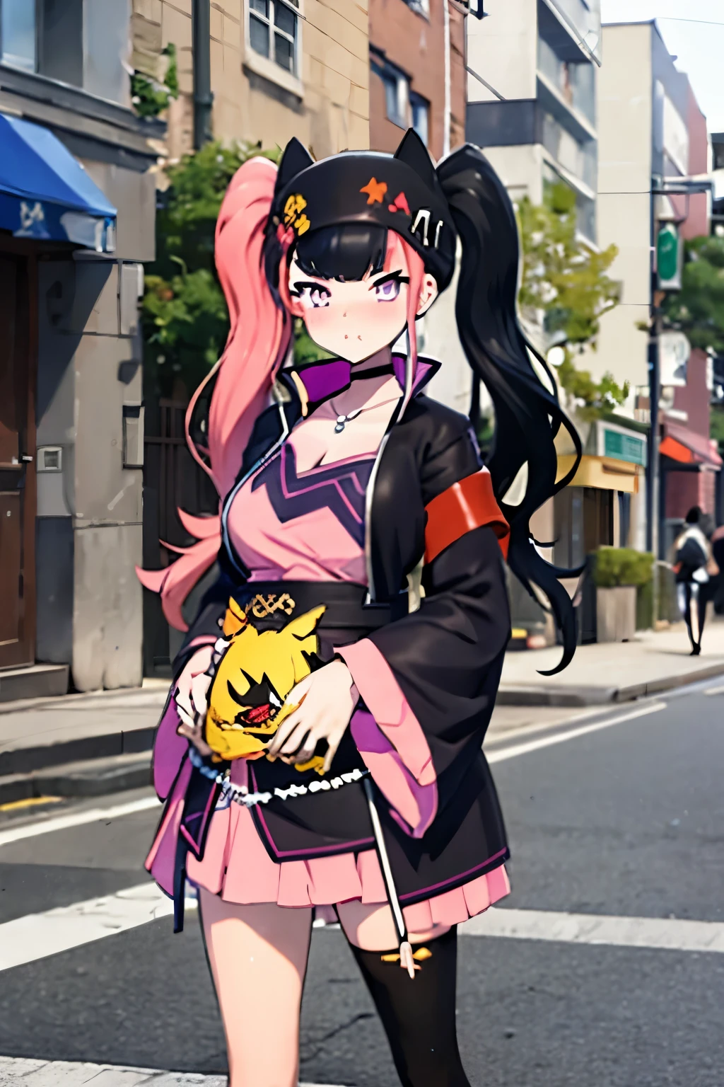 1woman,on a japanese street，facing the camera，Wearing a kimono， zoe1_palworld, 1girl,(((two-tone twintails:1.3))),(((two-tone hair:1.3))),((shiny clothes:1.2)),