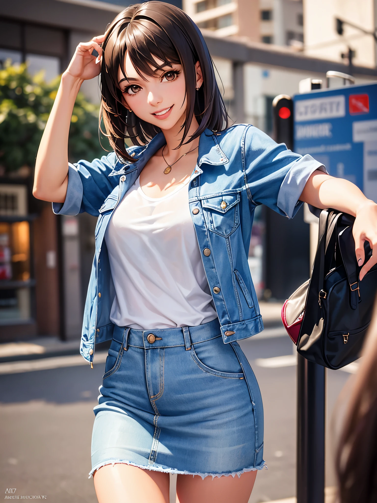 photograph of Victoria Justice, an effortlessly beautiful girl next door wearing a plain tshirt and jacket, (happy excited smile), jean skirt, photoreal, hyperrealism, best quality, (natural skin texture, highly detailed face), masterpiece, sharp focus, absurdres, by arny freytag