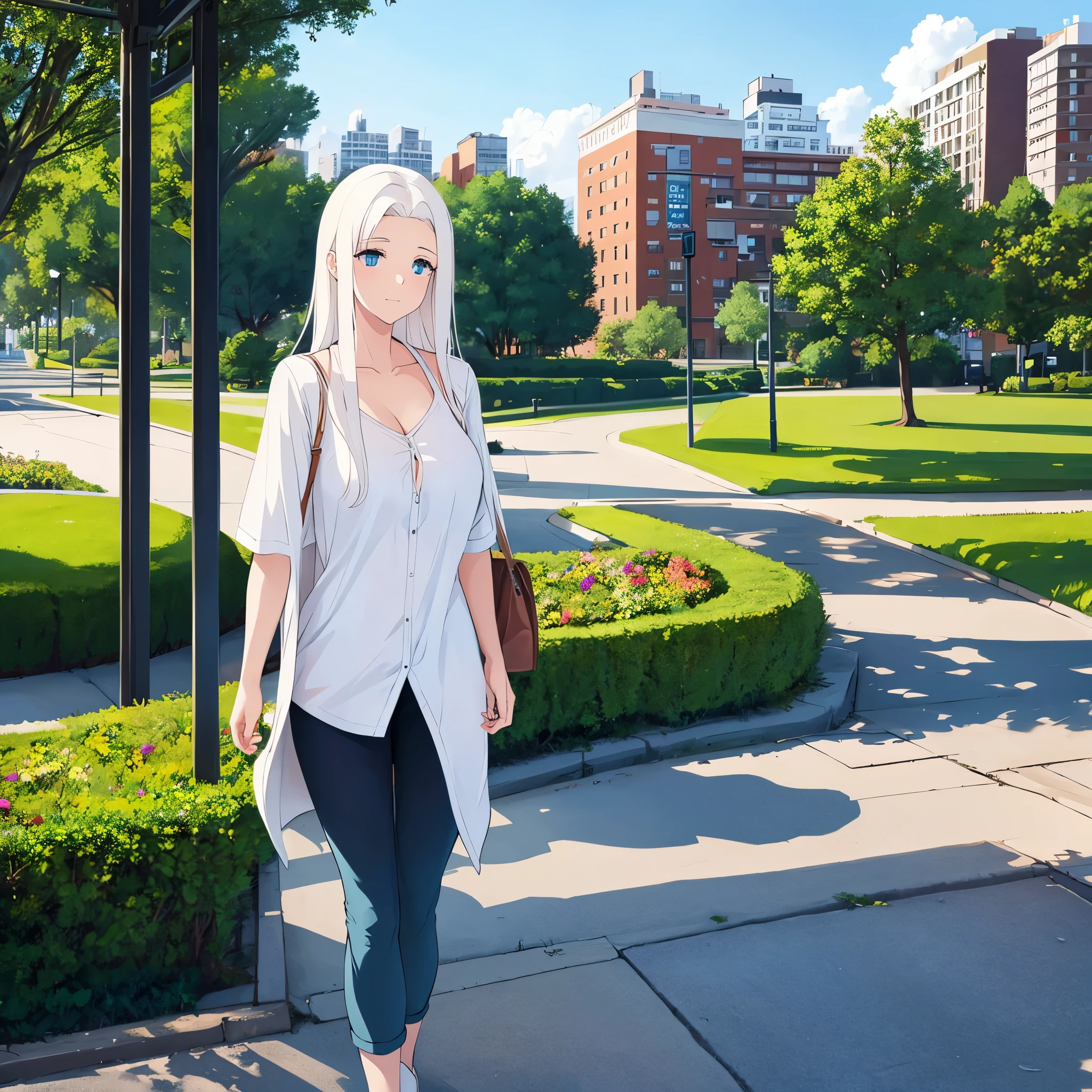 a woman in casual clothes in a city park, hair white