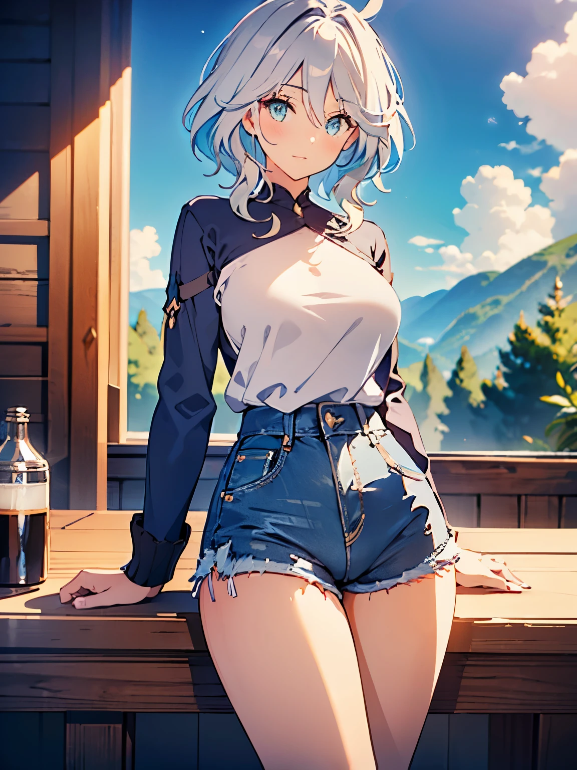 obra de arte, Qualidade superior, ultra-detalhado, 8k sob unidade CG, 1 girls, ass, focus ass, black shirt, sky blue, cameltoe, jeans, denim shorts, female from behind, green eyes, long sleeves, looking at viewer, looking back, mature woman, medium hair, milf, looking through over the shoulder, shirt, short shorts, sky, straight hair, table, talking to the viewer on the thigh