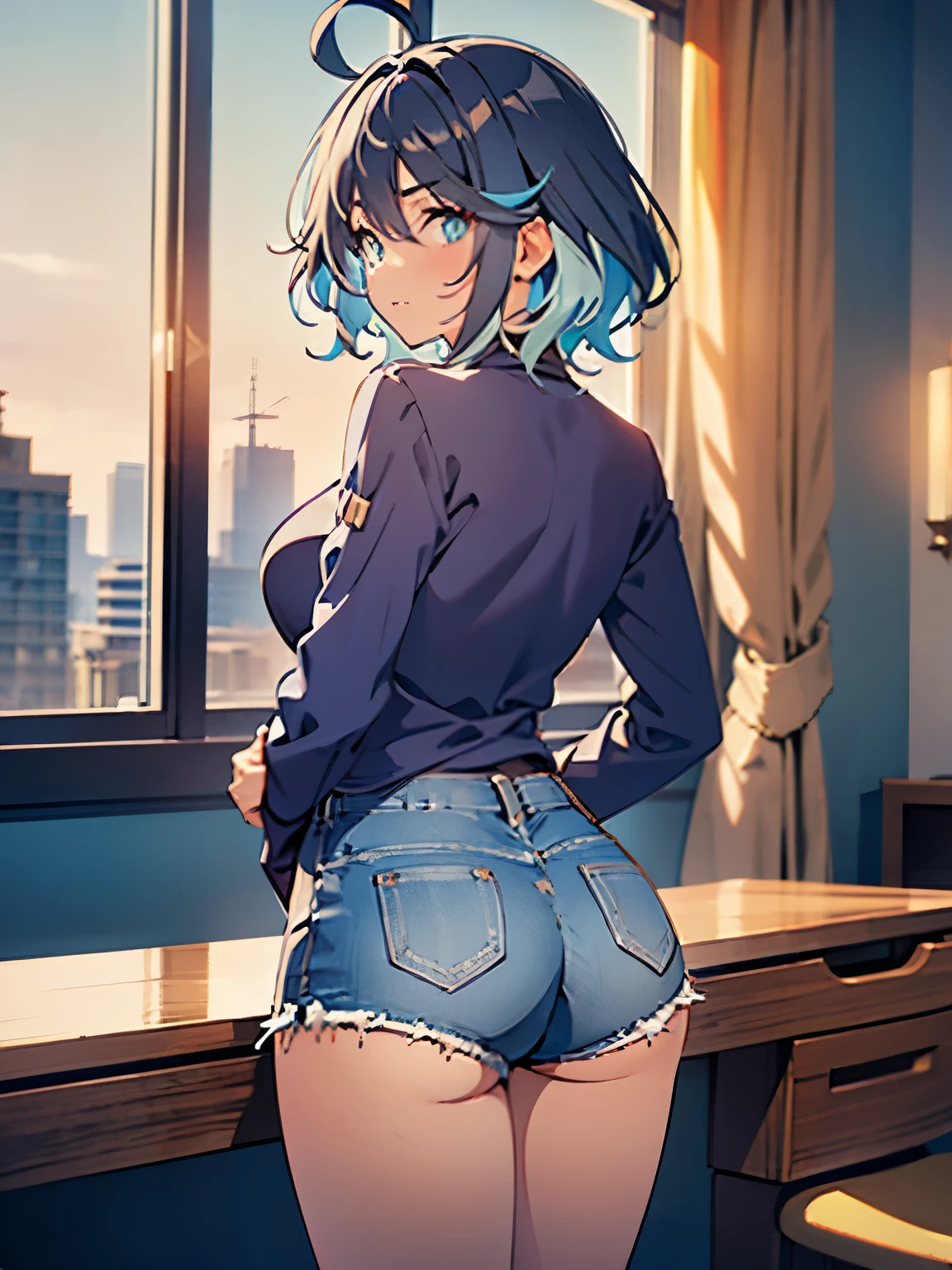 obra de arte, Qualidade superior, ultra-detalhado, 8k sob unidade CG, 1 girls, ass, focus ass, black shirt, sky blue, cameltoe, jeans, denim shorts, female from behind, green eyes, long sleeves, looking at viewer, looking back, mature woman, medium hair, milf, looking through over the shoulder, shirt, short shorts, sky, straight hair, table, talking to the viewer on the thigh