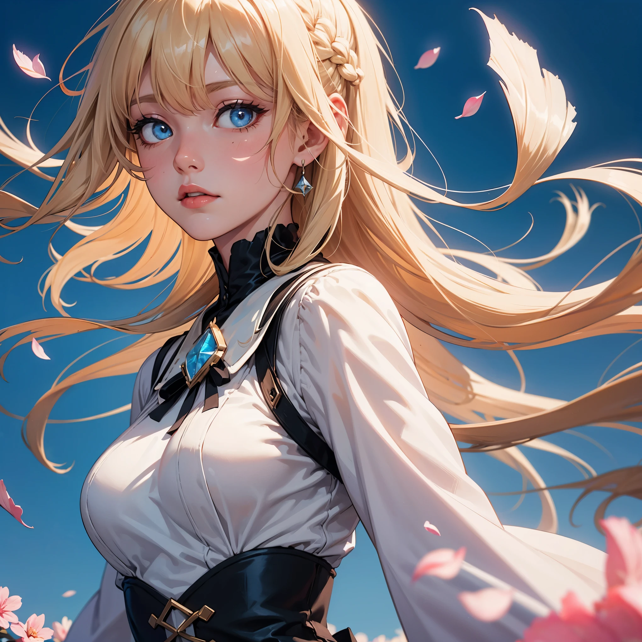 (dynamic angle:1.3),extreme closeup,windy,cinematic highlight,1girl,upper body,dacing,looking at viewer, violet_evergarden, solo, jewelry, blank eyes,brooch, blonde_hair,( vevry long hair:1.2),floating hairlong_sleeves, ribbon, blue_eyes, jacket, dress, gem, hair_ribbon,sky, depth_of_field, a close view of flying petal,