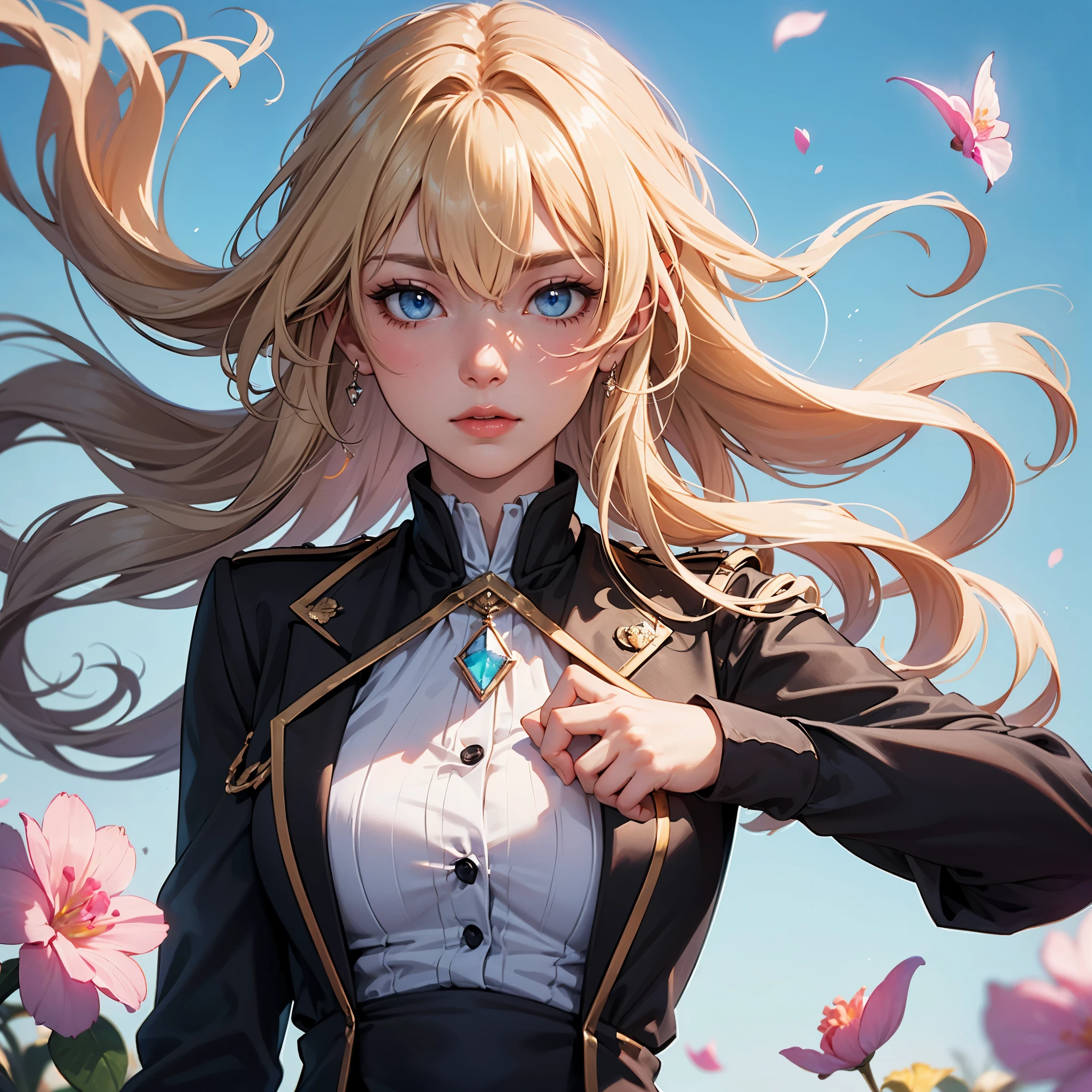 (dynamic angle:1.3),extreme closeup,windy,cinematic highlight,1girl,upper body,dacing,looking at viewer, violet_evergarden, solo, jewelry, blank eyes,brooch, blonde_hair,( vevry long hair:1.2),floating hairlong_sleeves, ribbon, blue_eyes, jacket, dress, gem, hair_ribbon,sky, depth_of_field, a close view of flying petal,