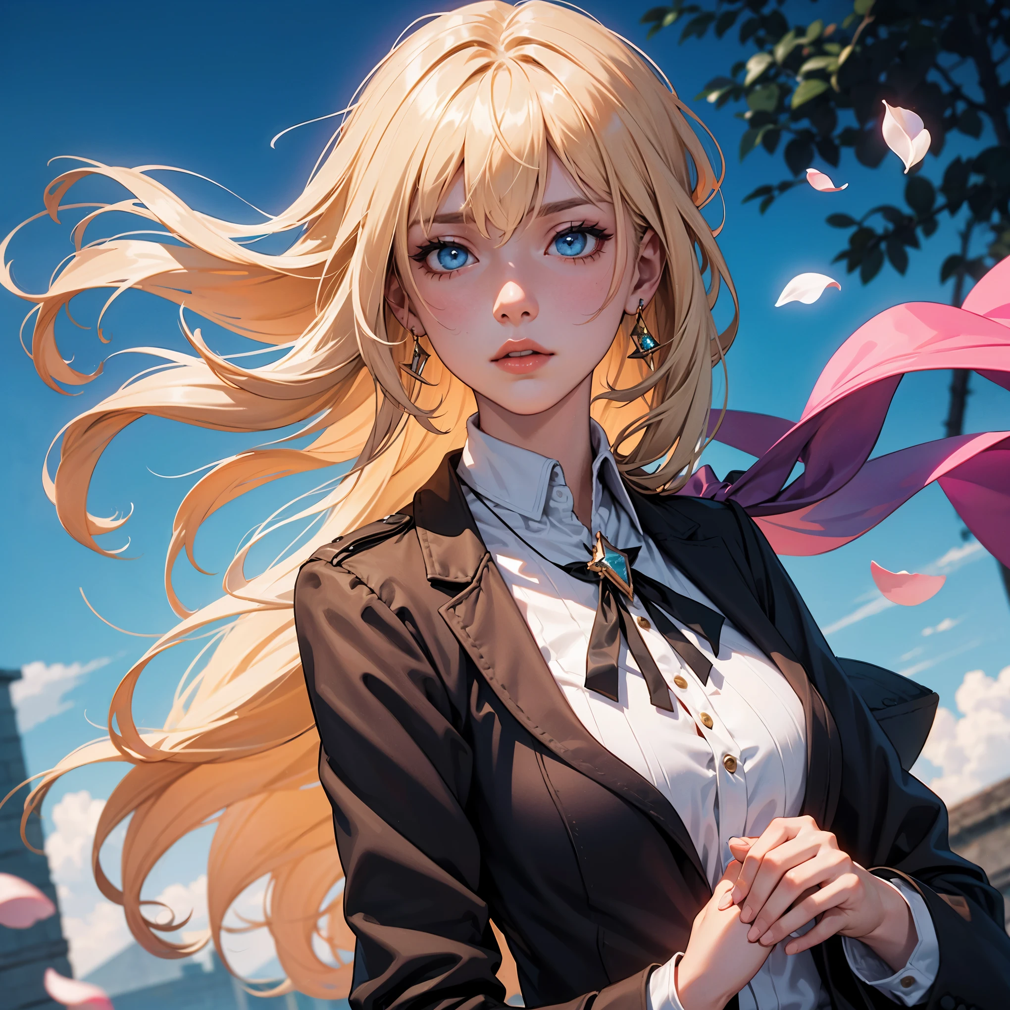 (dynamic angle:1.3),extreme closeup,windy,cinematic highlight,1girl,upper body,dacing,looking at viewer, violet_evergarden, solo, jewelry, blank eyes,brooch, blonde_hair,( vevry long hair:1.2),floating hairlong_sleeves, ribbon, blue_eyes, jacket, dress, gem, hair_ribbon,sky, depth_of_field, a close view of flying petal,