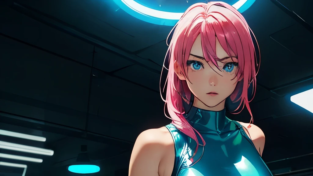 (frombelow:1.4)、(( women Tight tank top light blue latex suit, neon pink, neon green, neon), 、fit-muscled body, bright yellow eyes,dark blue hair , blue eyes, With round lenses, The audience watched carefully, (s face: 1.2), At a fantasy cyberpunk city , (model pose standing), energetic background, perfect city skyscape, lighting atmosphere, ((Bonifasko lighting)), (The round lenses on his eyes)(詳細な目), Perfect student、(masterpiece、:1.3)、(top-quality:1.4)、(超A high resolution:1.2)、超A high resolution、(A detailed eye)、(detailed facial features)、(White shirt:1.2), (selfee:1.3)、Girls side by side