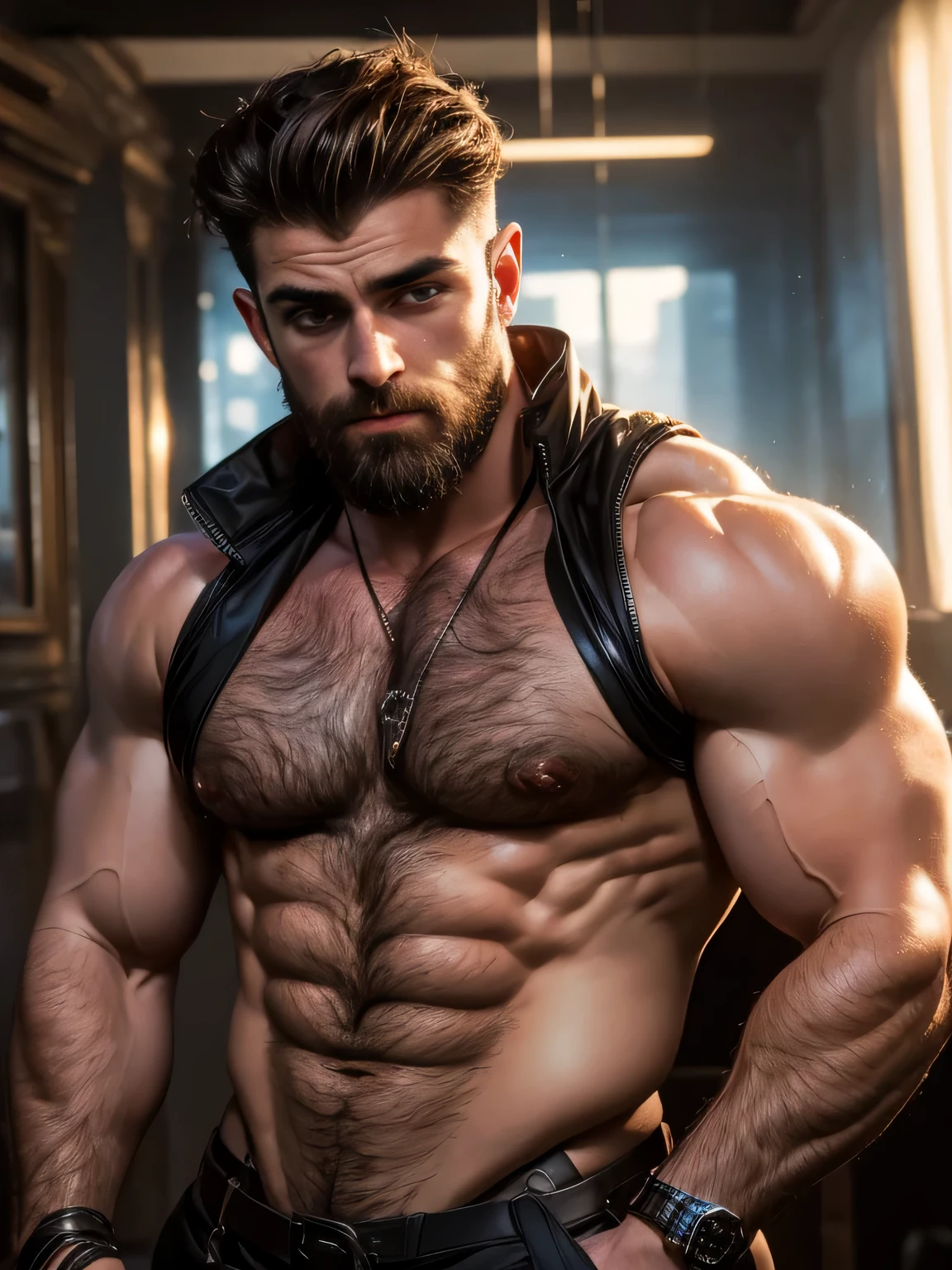 masterpiece, best quality, high resolution, closeup portrait, male focus, solo focus, muscular, burly, hairy, male, (: 1.2), photo,realistic, detailed background, A handsome man, 15 years old, Grey hair, suit,  showing, beard, body hair, , office in the background, bright light, amazing composition, front view, HDR, volumetric lighting, ultra quality, elegant, highly detailed