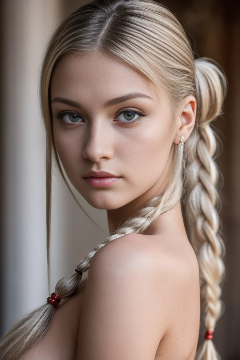 Real, top model photo, 20 years old, Hungarian , beautiful, seductive pose, cute, dynamic view, unique facial features, big eyes, long eyelashes, small upturned nose, slender face, tall Skinny body, big fluffy , perfect figure, twisted pigtail braids, blonde colored hair, topless, white pany, masterpiece, 8k, real, Canon DSLR photography, super detailed face, top quality, UHDR, Ultra-detailed, straight-line lighting, clear photos