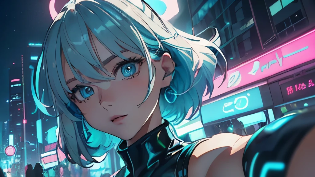 (frombelow:1.4)、(( women Tight vest light blue latex suit, neon pink, neon green, neon), nipple bumps、fit-muscled body, bright yellow eyes,dark blue hair , blue eyes, With round lenses, The audience watched carefully, (s face: 1.2), At a fantasy cyberpunk city , (model pose standing), energetic background, perfect city skyscape, lighting atmosphere, ((Bonifasko lighting)), (The round lenses on his eyes)(詳細な目), Perfect student、(masterpiece、:1.3)、(top-quality:1.4)、(超A high resolution:1.2)、超A high resolution、(A detailed eye)、(detailed facial features)、(White shirt:1.2), (selfee:1.3)、Girls side by side