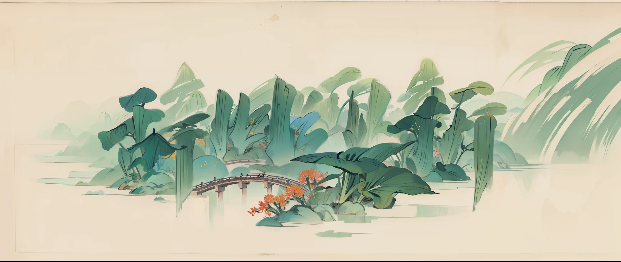 ((best quality, masterpiece: 1.2)), CG, 8k, intricate details, cinematic perspective, (No people around), (Ancient Chinese gardens), pond filled with lotus flowers, rock, flowers, bamboo forest, Fall, wooded areas, Small bridge across gurgling stream, detailed foliage and flowers, (The sun shines, Sparkling waves), Peaceful and tranquil atmosphere, ((Soft and elegant colors)), ((Finely crafted compositions))