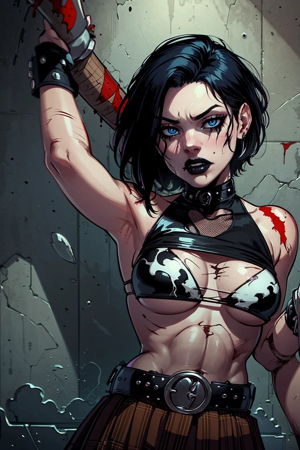 a woman with short black hair, hair on shoulders, wearing a black cropped and plaid skirt, blue eyes, zombie art, gothic art, cute aesthetic with vibe, toon aesthetic, wearing red costume, wearing gothic accessories, look like Cassie Hack, upper body, zombie background, Fighting with zombies ( hack/slash)