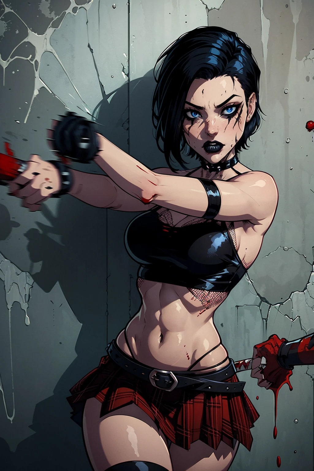 a woman with short black hair, hair on shoulders, wearing a black cropped and plaid skirt, blue eyes, zombie art, gothic art, cute aesthetic with vibe, toon aesthetic, wearing red costume, wearing gothic accessories, look like Cassie Hack, upper body, zombie background, Fighting with zombies ( hack/slash)