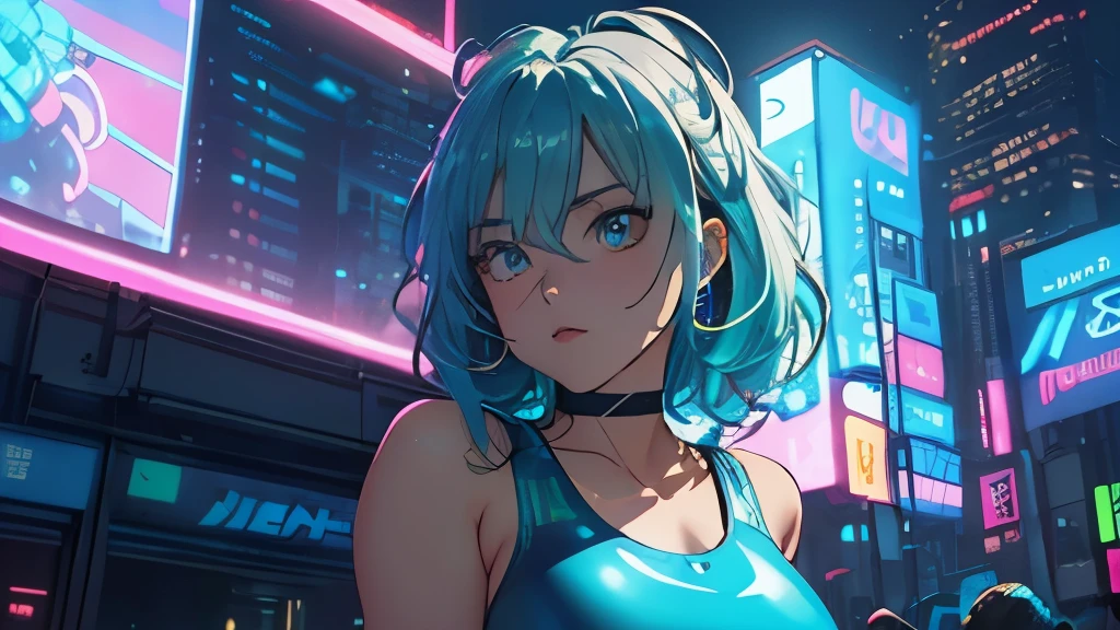 (frombelow:1.4)、(( women Tight tank top light blue latex suit, neon pink, neon green, neon), 、fit-muscled body, bright yellow eyes，dark blue hair , blue eyes, With round lenses, The audience watched carefully, (s face: 1.2), At a fantasy cyberpunk city , (model pose standing), energetic background, perfect city skyscape, lighting atmosphere, ((Bonifasko lighting)), (The round lenses on his eyes)(詳細な目), Perfect student、(​masterpiece、:1.3)、(top-quality:1.4)、(超A high resolution:1.2)、超A high resolution、(A detailed eye)、(detailed facial features)、(White shirt:1.2), (selfee:1.3)、Girls side by side