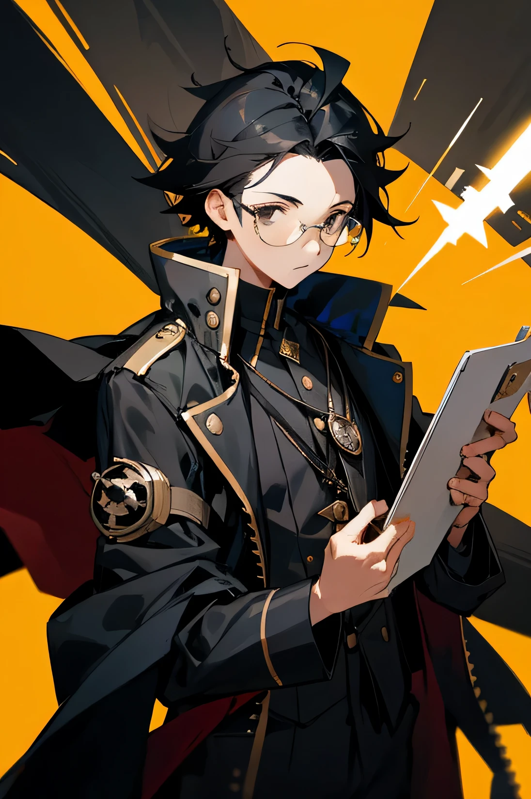 Male, young teen, black eyes, short, Jet jacket, pirate background, black hair, labcoat, glasses, clipboard on hand.