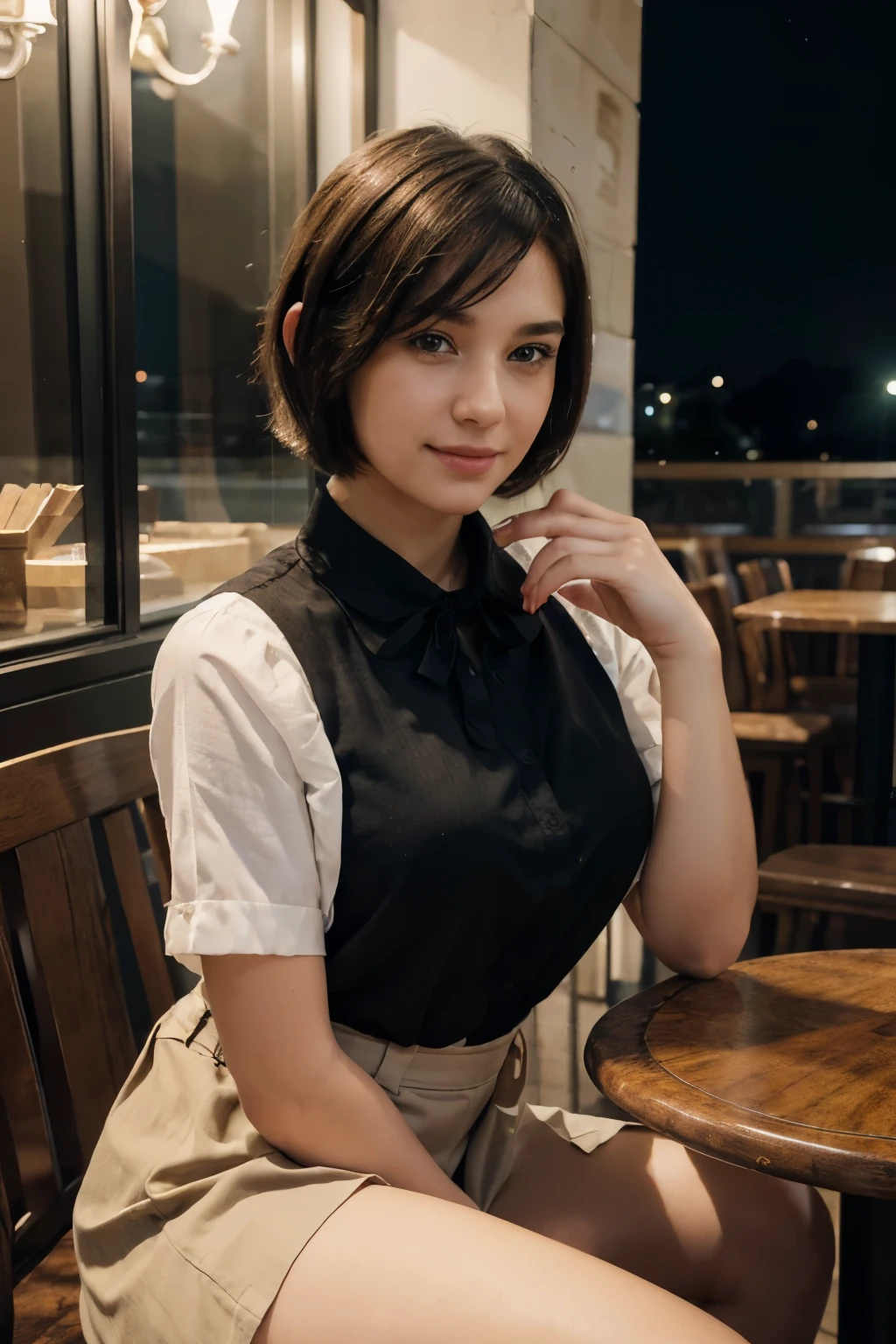 (8k, best quality, masterpiece:1.2), (sfw:1.3), (realistic, photo-realistic:1.37), ultra-detailed, 1 girl,cute, solo,beautiful detailed sky,detailed cafe,night,sitting,dating,(nose blush),(smile:1.1),(closed mouth) medium breasts,beautiful detailed eyes,(collared shirt:1.1), bowtie,pleated skirt,(short hair:1.2),floating hair