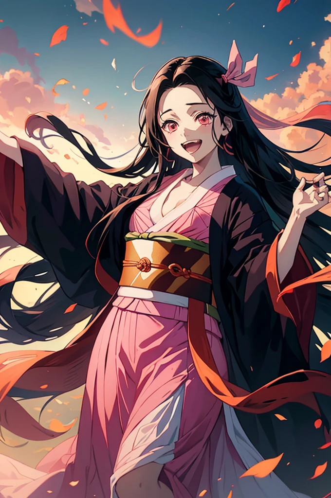 anime, hdr, soft light, ((best quality)), ((masterpiece)), (detailed), nezuko, black hair, forehead, open mouth smiling, eyes closed big fangs, very long hair, hair ribbon, japanese clothes, pink kimono, multicolored hair, pink ribbon, cleavage, standing, destruction, sparks,  