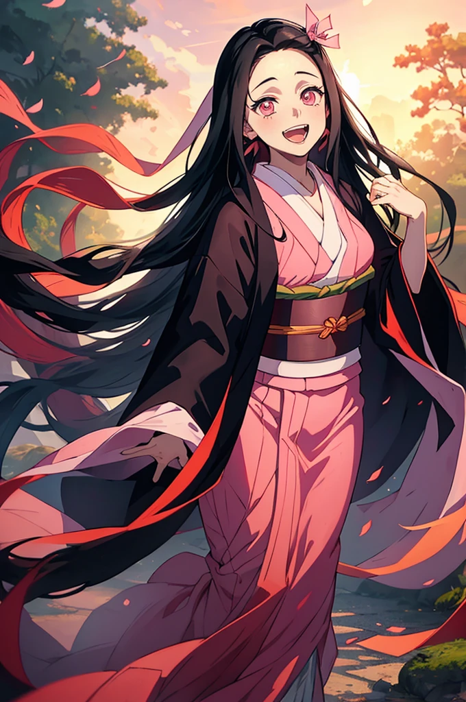 anime, hdr, soft light, ((best quality)), ((masterpiece)), (detailed), nezuko, black hair, forehead, open mouth smiling, eyes closed big fangs, very long hair, hair ribbon, japanese clothes, pink kimono, multicolored hair, pink ribbon, cleavage, standing, destruction, sparks,  
